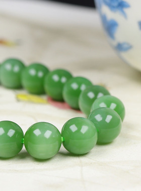 （古晨珠宝）俄罗斯和田玉碧玉粉绿猫眼圆珠手串手链 30g10mm