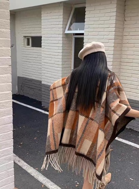 经典格纹斗篷撞色百搭女秋冬披肩