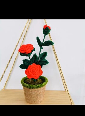 毛线钩织玫瑰花盆栽成品
