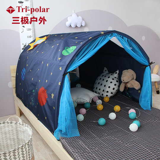 Children's indoor playhouse with separate beds for boys and girls
