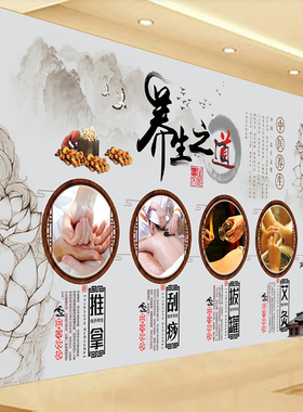 中医养生之道头疗足疗推拿艾灸采耳刮痧拔罐经络墙贴画背景装饰画