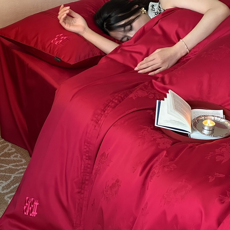 简约100支长绒棉浪漫全棉红色结婚庆四件套喜庆纯棉刺绣床上用品4,淘宝优惠券,粉丝福利购,淘宝优惠卷
