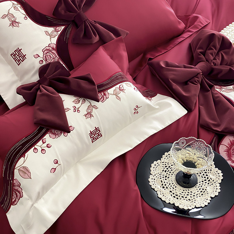 浪漫婚礼100S长绒棉全棉婚庆四件套红色蝴蝶结婚刺绣纯棉被套床品,淘宝优惠券,粉丝福利购,淘宝优惠卷