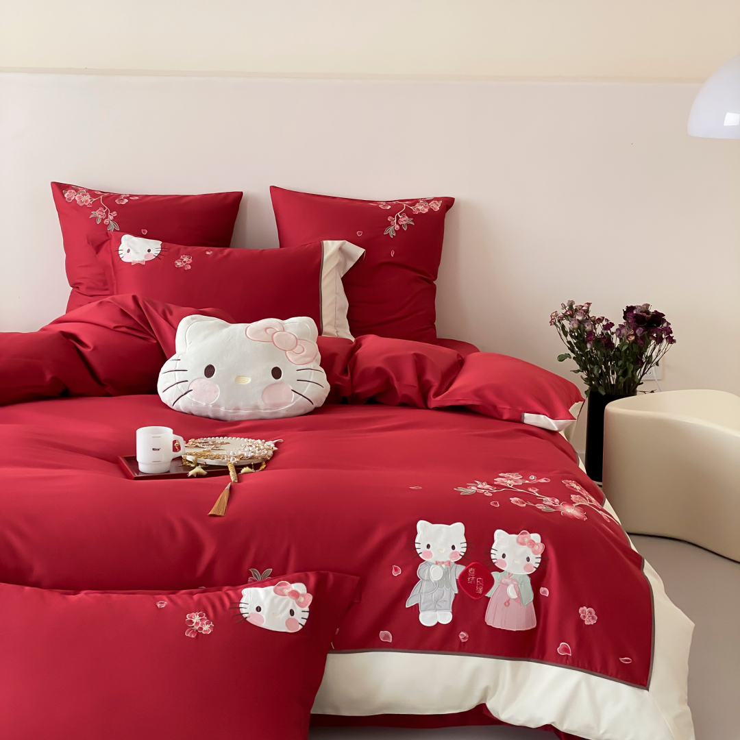 卡通可爱猫咪全棉婚庆四件套高档刺绣纯棉结婚喜被套床单床上用品,淘宝优惠券,粉丝福利购,淘宝优惠卷