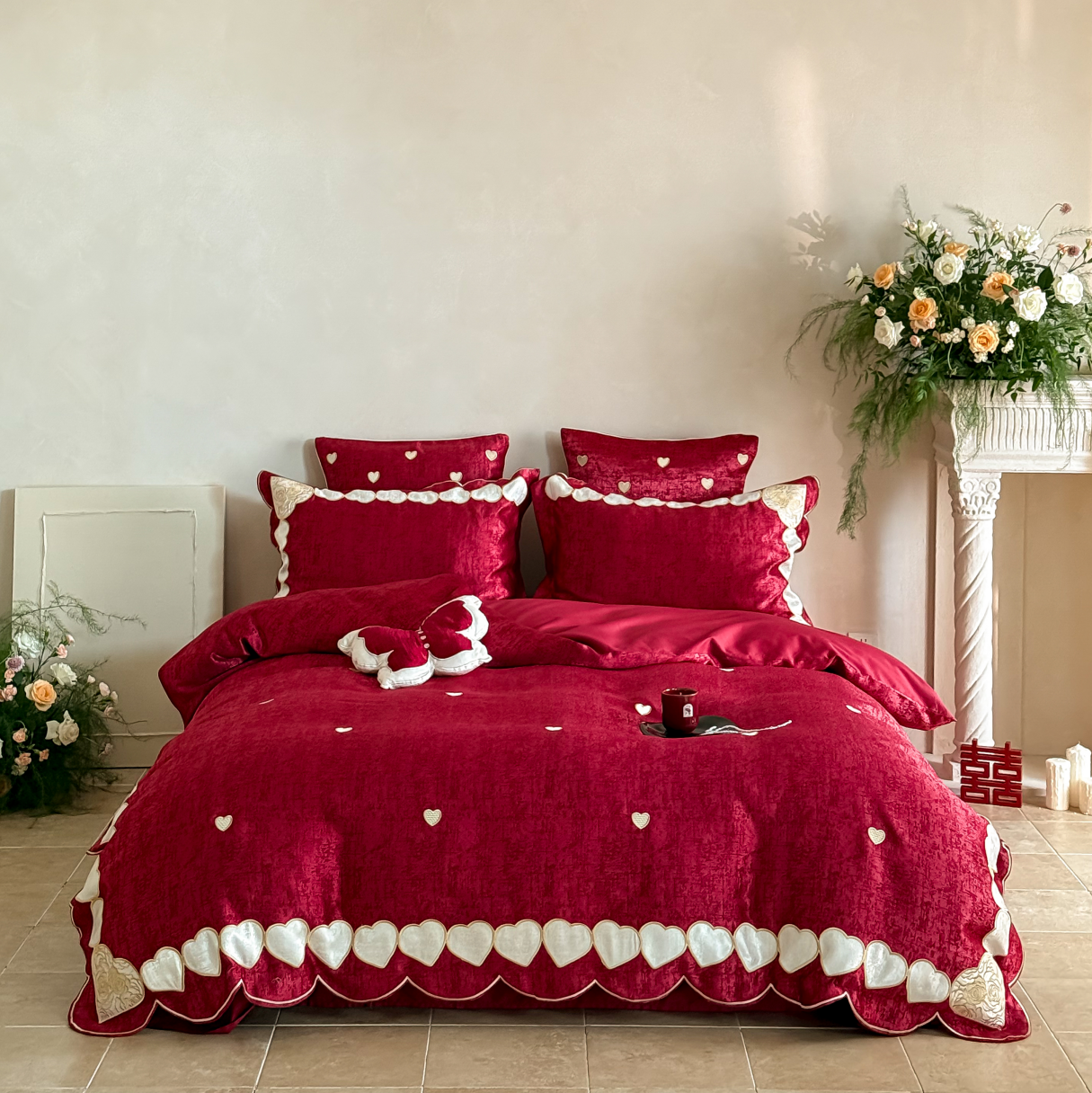 少女心浪漫爱心柔丝棉全棉结婚四件套红色贴布绣被套床单婚庆床品,淘宝优惠券,粉丝福利购,淘宝优惠卷