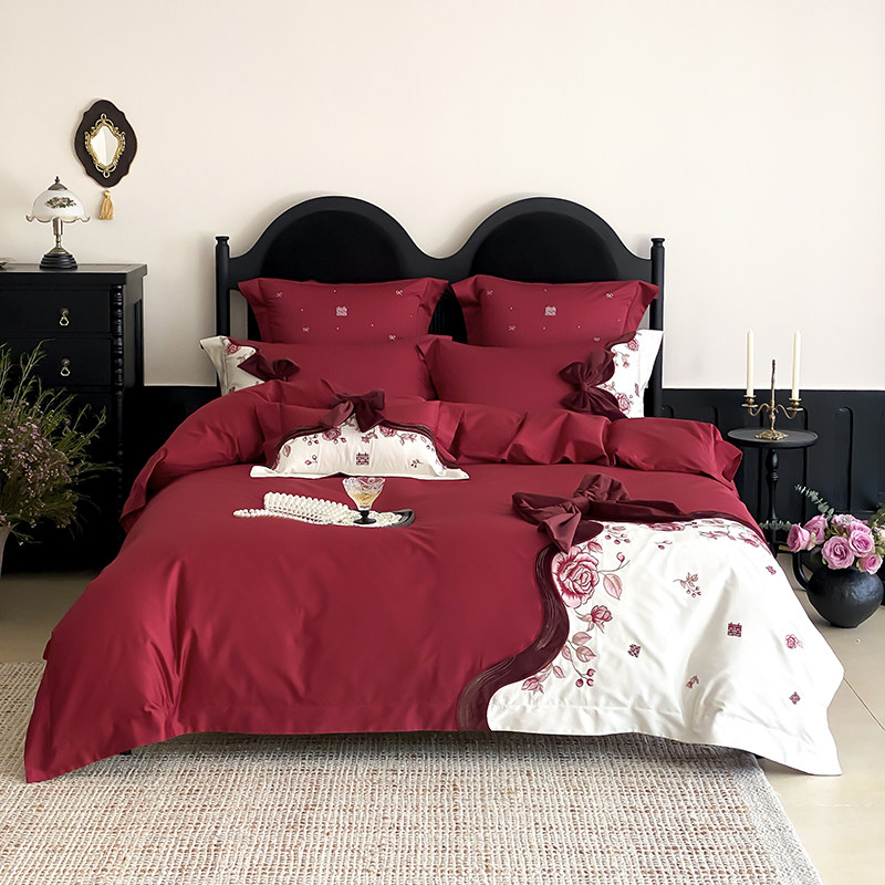 浪漫婚礼100S长绒棉全棉婚庆四件套红色蝴蝶结婚刺绣纯棉被套床品,淘宝优惠券,粉丝福利购,淘宝优惠卷
