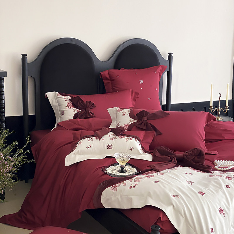 浪漫婚礼100S长绒棉全棉婚庆四件套红色蝴蝶结婚刺绣纯棉被套床品,淘宝优惠券,粉丝福利购,淘宝优惠卷
