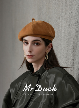 mrduck进口头层羊反绒贝雷帽女