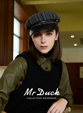 mrduck时髦条纹粗花呢报童帽