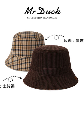 mrduck灯芯绒格纹双面渔夫帽女款
