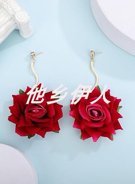 美国代购红色玫瑰花耳环吊坠耳钉