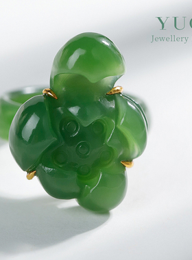 荷“财”丨老钱风 精雕和田玉菠菜绿碧玉荷花戒指 碧玉指环 18k金