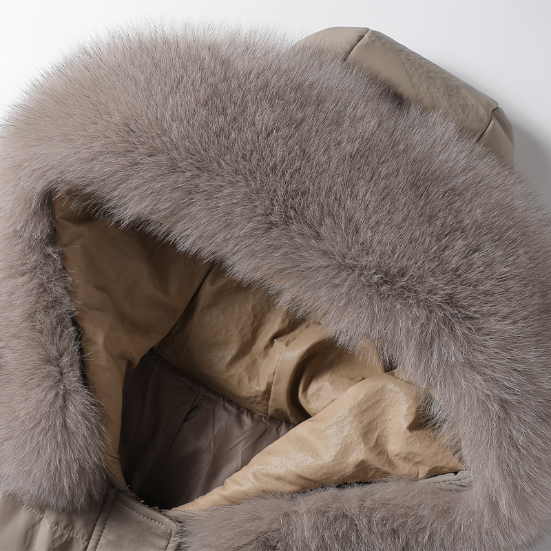 皮羽绒服女中长款连帽狐狸毛领90白鸭绒海宁真皮2025新款绵羊皮衣,淘宝优惠券,粉丝福利购,淘宝优惠卷
