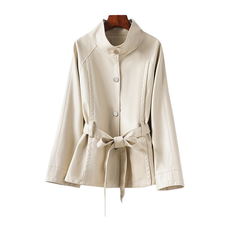 海宁皮衣女士中长款系带收腰立领米白色皮夹克秋冬新款绵羊皮外套,淘宝优惠券,粉丝福利购,淘宝优惠卷