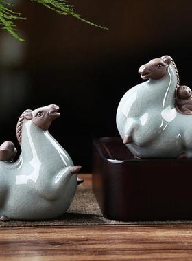 哥窑十二生肖马上封侯有钱陶瓷摆饰到成功家居吉祥物装饰茶宠招财