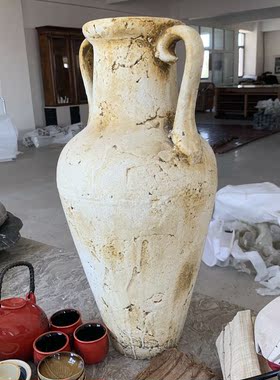 美式欧式复古怀旧有质感米黄陶艺瓷器大型双耳曲线高台式落地花瓶