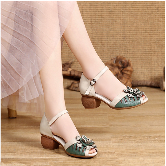 2025夏季新款民族风粗跟凉鞋女真皮中跟鱼嘴妈妈鞋镂空洞洞鞋女