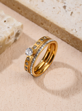 戒指2025新款爆款小众设计师镶钻戒指女钛钢开口戒双层叠戴