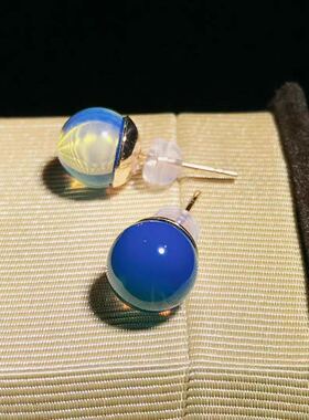 天然多米尼加蓝珀纯银8mm耳钉