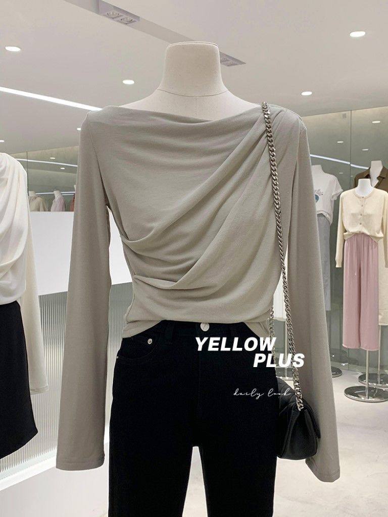 法意小调 私服款!高级感气质一字领褶皱设计长袖t恤女秋修身显瘦,淘宝优惠券,粉丝福利购,淘宝优惠卷