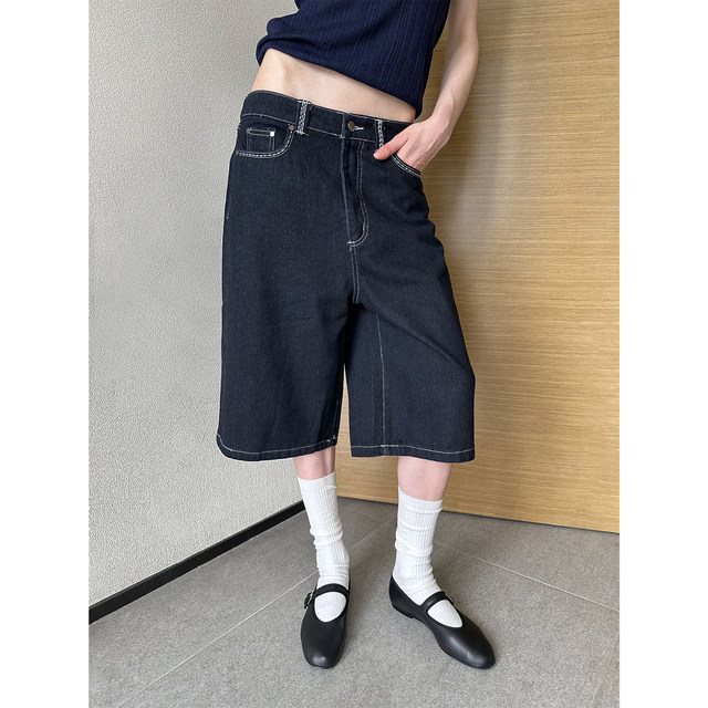 American Retro Hot Girl ສີຟ້າເຂັ້ມຂາຊື່ Jeans 7 ຈຸດ