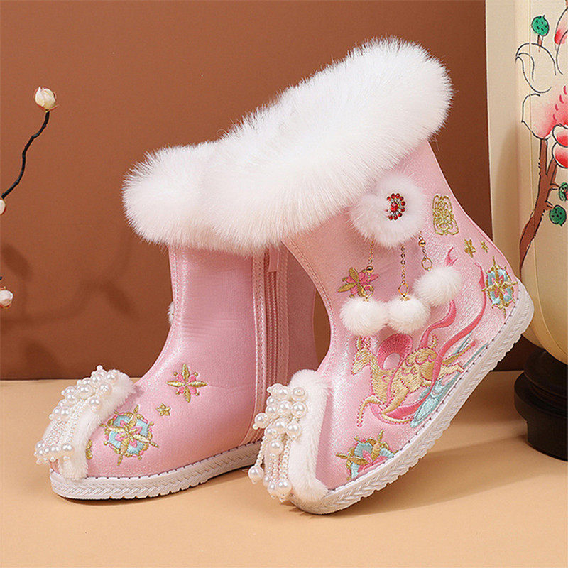 冬季加厚女童汉服鞋配拜年服女童鞋中国风红色儿童绣花鞋保暖棉鞋,淘宝优惠券,粉丝福利购,淘宝优惠卷