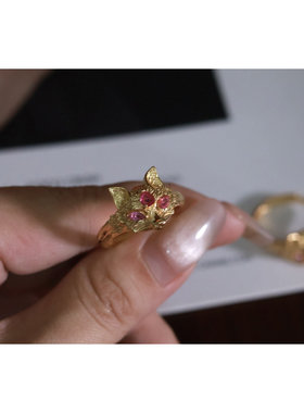 天然老烧红宝石+碧玺妲己狐狸戒指新中式复古妲己开口复古戒指