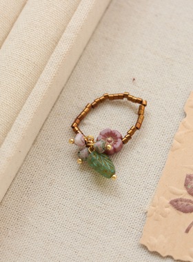 进口捷克珠琉璃珠小花簇拥叶片弹力绳小戒指撞色复古多巴胺小戒指