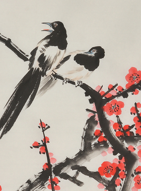 新中式梅花图喜上眉梢图纯手绘装饰画国画水墨画