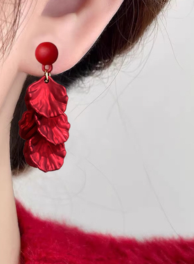 2026新年红色耳环女甜美花朵耳坠