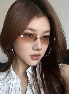 无边小框墨镜女潮方圆脸显瘦茶色