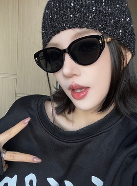 黑色猫眼墨镜女方圆脸显瘦高级网感金属镂空腿欧美复古辣妹太阳镜