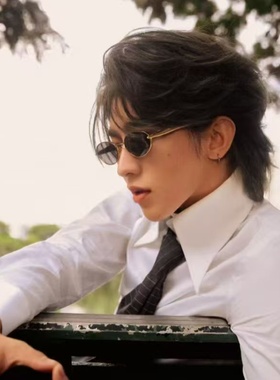 蔡徐坤同款金属腿椭圆猫眼墨镜男