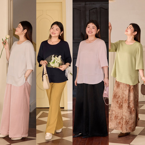 美丽客栈高端大码醋酸缎面圆领T恤女宽松百搭显瘦气质上衣高级感 - 图2