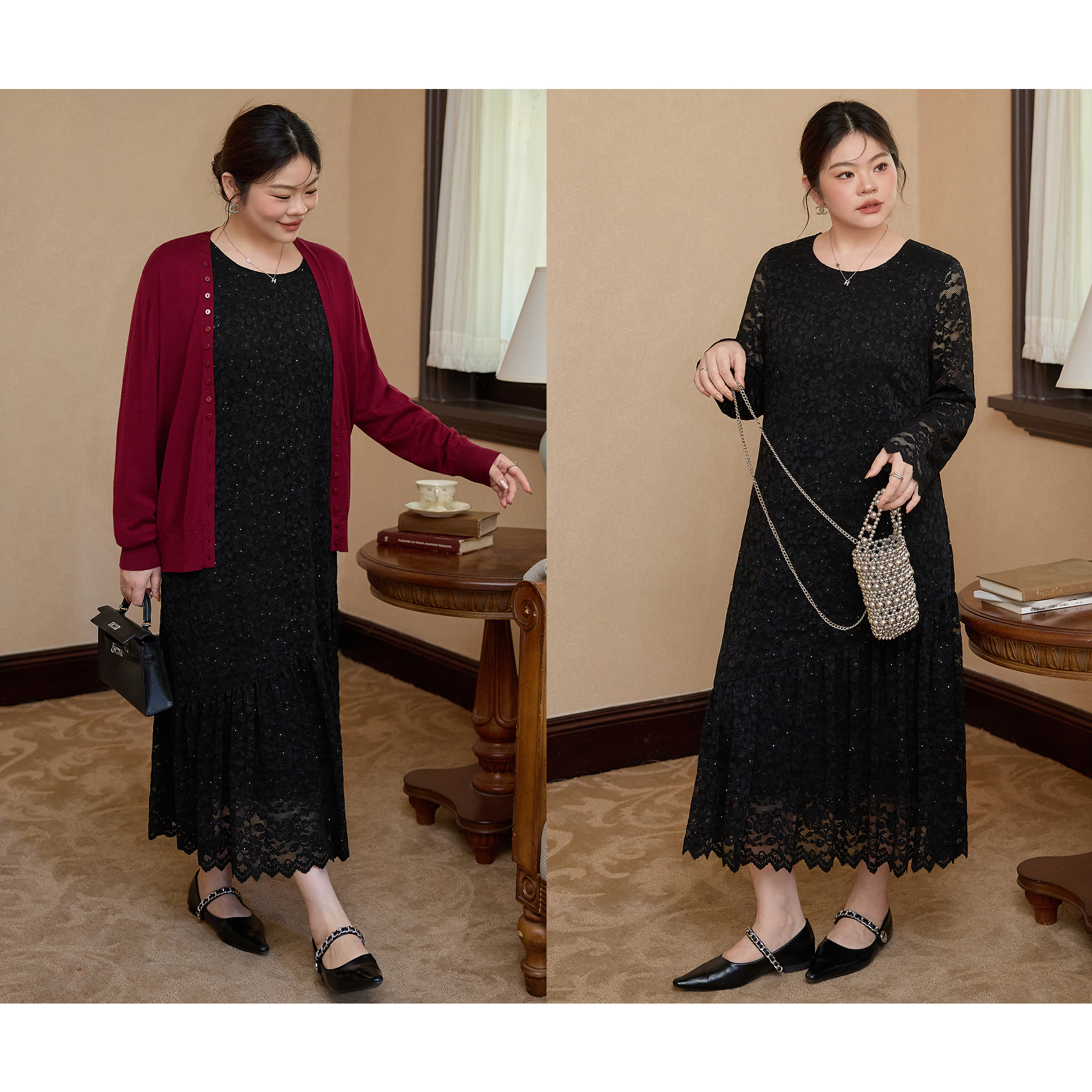 美丽客栈黑色长袖连衣裙2025新款大码女轻奢高级感长款蕾丝鱼尾裙 - 图1