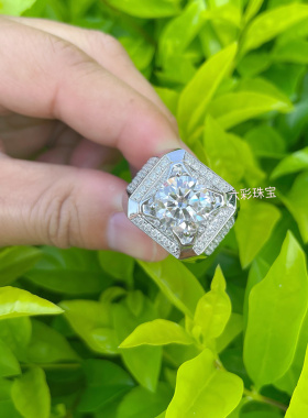 18k白金莫桑石钻戒豪华男士1一2二3三5五克拉结婚戒指pt950铂金潮