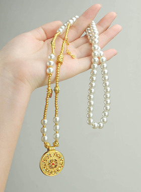 古法镂空圆盘吊坠长款项链女