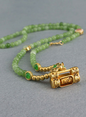 新中式绿色串珠长款项链汉服配饰