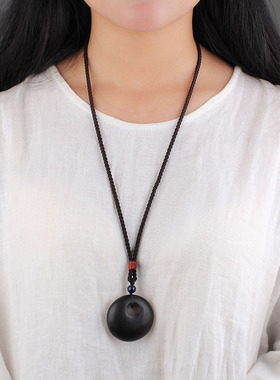 原创手作民族风黑檀木平安扣吊坠项链男女简约百搭毛衣链佛系配饰