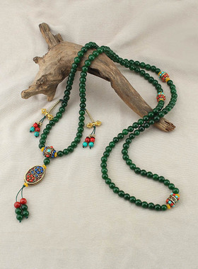 新中式国风绿色串珠长款背背项链