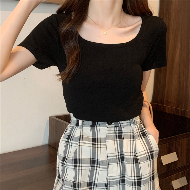 批 发夏季大码女装胖mm学生短袖百搭T恤修身显瘦方领纯色针织衫潮,淘宝优惠券,粉丝福利购,淘宝优惠卷