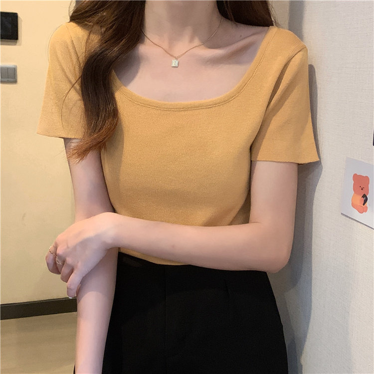 批 发夏季大码女装胖mm学生短袖百搭T恤修身显瘦方领纯色针织衫潮,淘宝优惠券,粉丝福利购,淘宝优惠卷