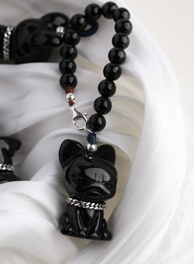 NNU 趣玩系列之黑曜石法斗小狗挂件设计酷狗吊坠钥匙扣包包挂件