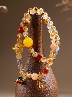 天然金发晶招财串珠双圈手链女时尚高级感金虎眼紫水晶手串