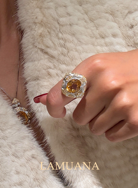 LAMUANA【轻奢彩宝】意式雕花天然黄水晶戒指高级S925银礼物98391