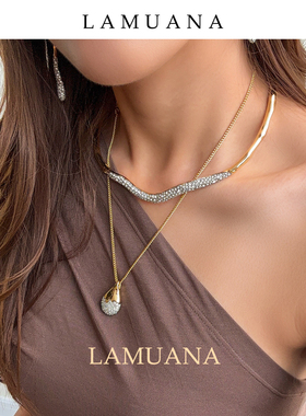 LAMUANA灰钻金圈choker叠戴水滴项链小众设计感高级多层金色86060