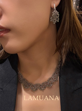 LAMUANA意式手工编织蕾丝系列项链天然灰绿锆石小众高级复古94775