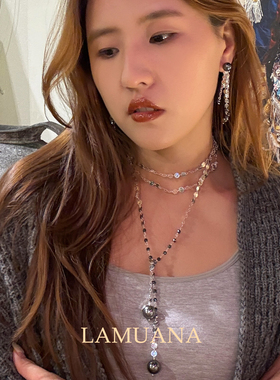 LAMUANA碎银爆闪大溪地灰珍珠项链原创设计感琉璃长款银色毛衣链