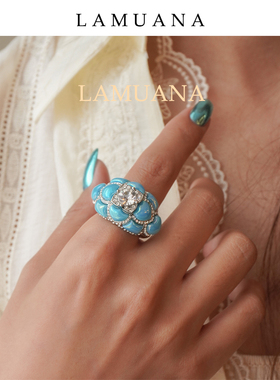 LAMUANA孔雀蓝花戒指小众设计感复古食指戒银色80242