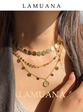 LAMUANA金圆片叠戴项链原创小众设计感颈链度假风金色choker多层